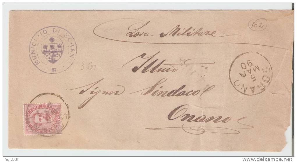 1059 - Storia Postale  -  Umberto I ,  Sorano  -  Onano  1890 - Storia Postale