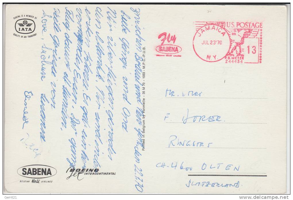 FLUGZEUG - BOEING - SABENA - Postmark SABENA-Jamaica/N.Y. - 1946-....: Moderne