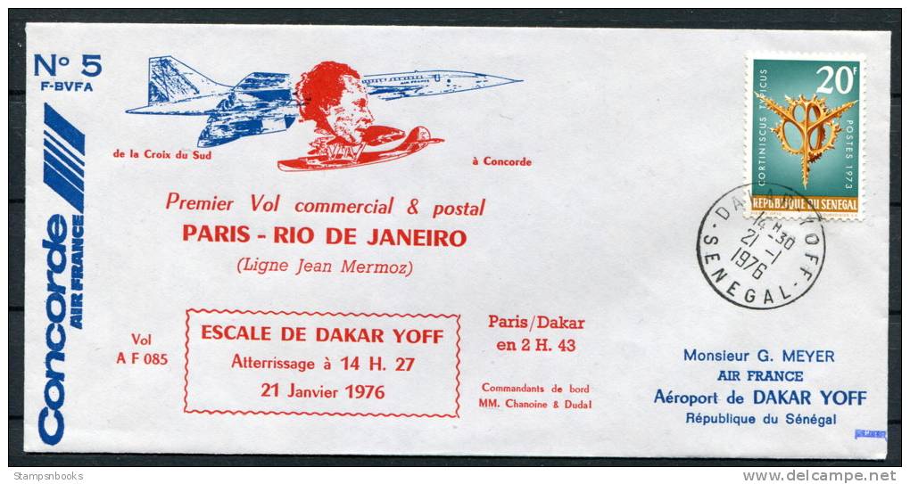 1976 Senegal Paris Rio De Janeiro Concorde 5 Aircraft Flight Cover - Concorde