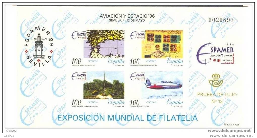 ESPO59-L1004TEXU.Hoja..Prueba  Oficial.Aviacion Y Espacio.EXPO MUNDIA DE FILATELIA..EXPAMER 1996.(Ed P.O.59.) LUJO - 1992 – Sevilla (Spain)