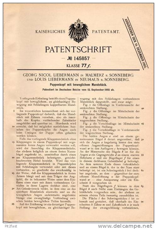 Original Patentschrift - G. Liebermann In Malmerz Und Neuhaus B. Sonneberg , 1902 , Puppenkopf , Puppe , Puppen , Kruse - Puppen