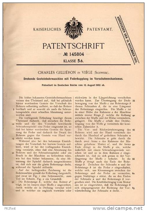 Original Patentschrift - Ch. Gilliéron In Viége / Visp , 1902 , Gesteinbohrmaschine , Bergbau , Tunnelbau !!! - Machines