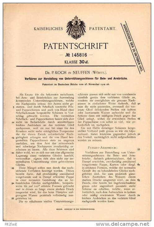 Original Patentschrift - Dr. Paul Koch In Neuffen , Württ., 1902 , Schienen Für Bein- Und Armbruch , Apotheke  !!! - Historische Dokumente