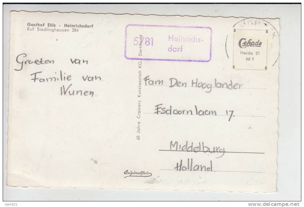 5787 OLSBERG - HEINRICHSDORF, Gasthof Ehls 1960, Landpost-Stempel 5781 Heinrichsdorf - Meschede