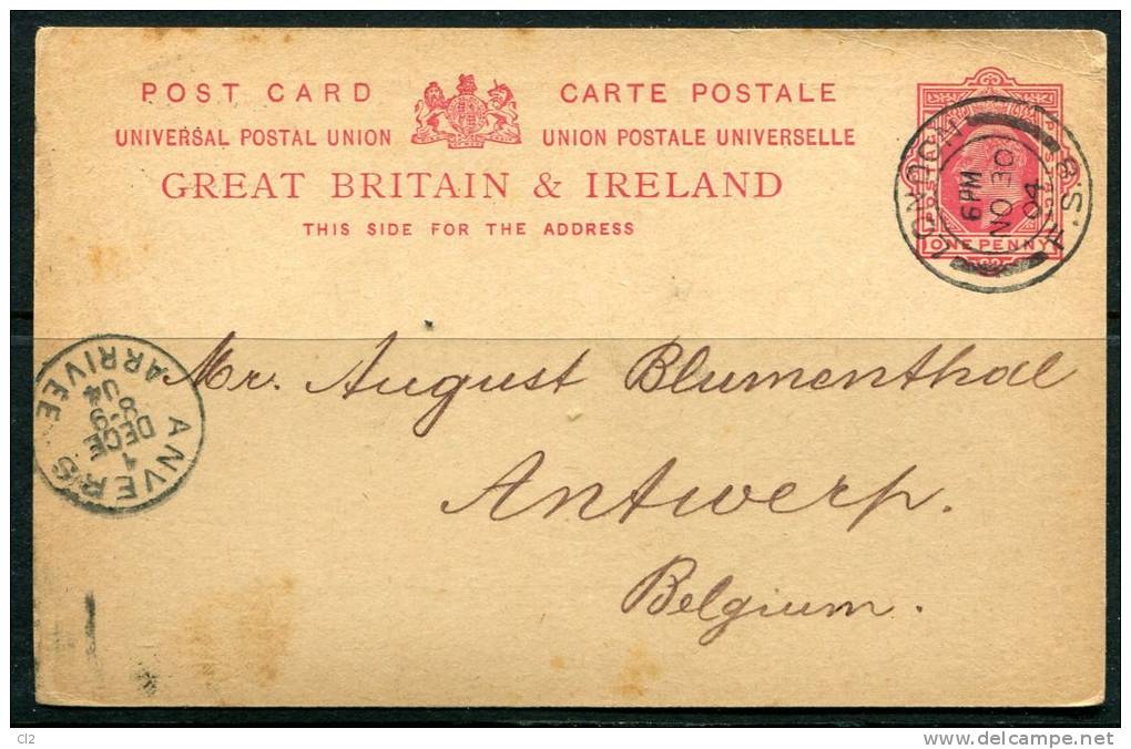 30-11-1904 - Carte Edouard VII 1p Rouge   Pour La Belgique - Entiers Postaux