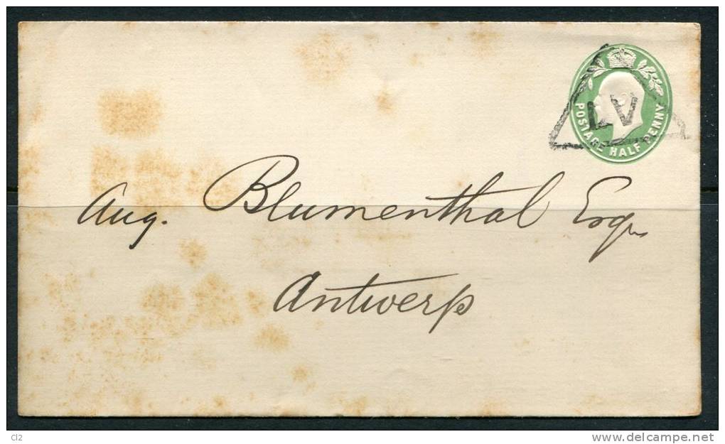 Enveloppe Edouard VII 1/2p Vert Jaune  Pour La Belgique - Stamped Stationery, Airletters & Aerogrammes