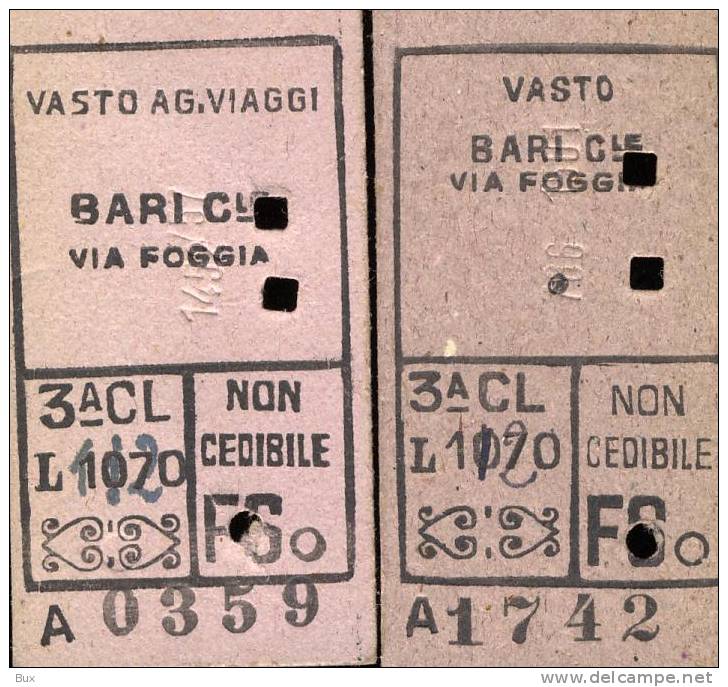 ANNO  1951  BARI  VASTO  FS    FERROVIE  DELLO STATO  TRENO LOTTO  2   BIGLIETTI CARTONATI DOPPI - Europe