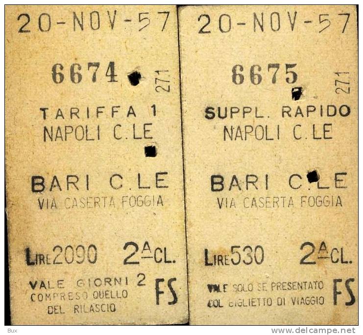 ANNO  1957  BARI   NAPOLI   FS    FERROVIE  DELLO STATO  TRENO LOTTO  2   BIGLIETTI CARTONATI DOPPI - Europa