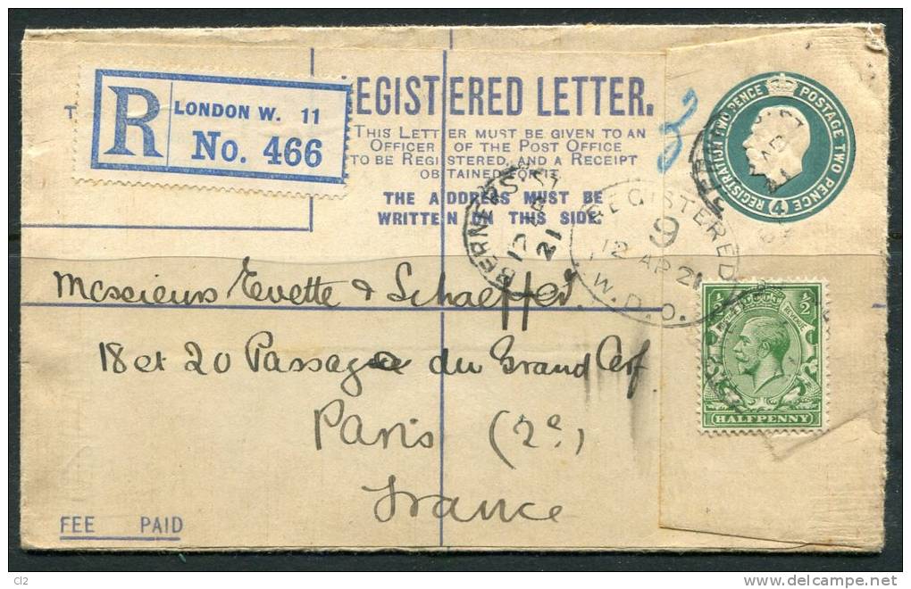 12-04-1921 - Enveloppe Recommandée Renforcée Georges VI 4p Vert (+0,5p) Pour La France - Stamped Stationery, Airletters & Aerogrammes