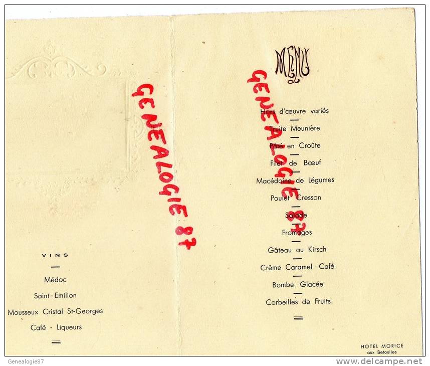 87 - AIXE SUR VIENNE - RARE MENU BANQUET DES SOUS OFFICIERS DE RESERVE-18 JUILLET 1937-HOTEL MORICE AUX BETTOULLES - Menükarten