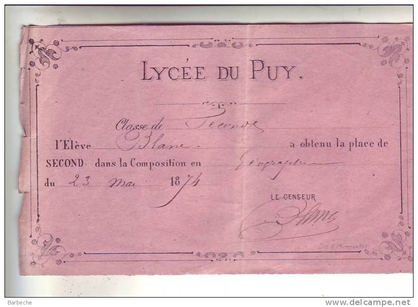 LYCEE DU PUY  Elève BLANC - Diplômes & Bulletins Scolaires