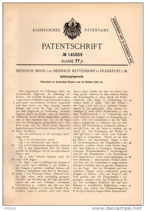 Original Patentschrift - Spielzeug - Sägewerk , Holz , 1902 , H. Bettendorf In Frankfurt A.M. , Tischlerei !!! - Toy Memorabilia