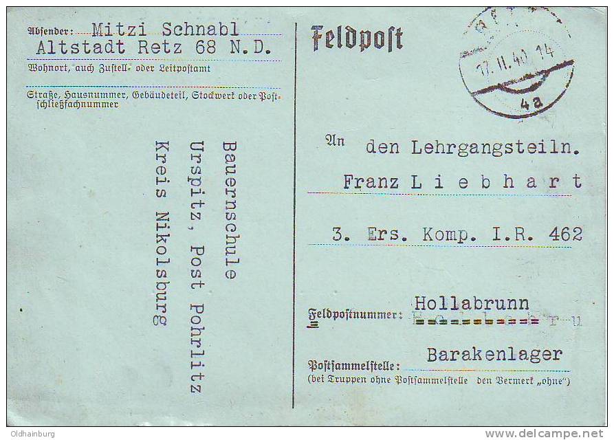 1014j: Feldpost 17.2.40 Retz (Ostmark) Bauernschule - Landwirtschaft