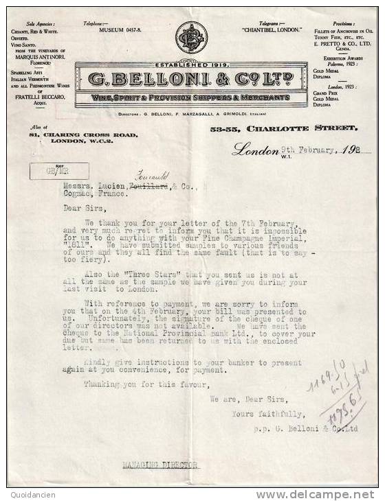 Entête  09/02/1928  -  En  Anglais -    LONDRES  -  G.  BELLONI  -  Chianti,Vins  Vermouth Italien - United Kingdom