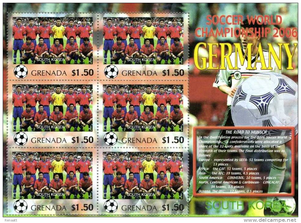 Grenada 2006 Block Sheetlet Of 6 MNH, Team South-Korea, Soccer World Championship Germany - 2006 – Deutschland