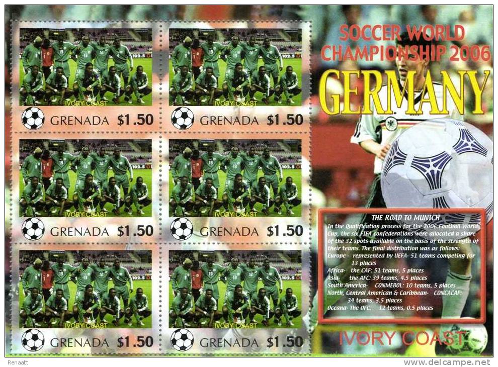 Grenada 2006 Block Sheetlet Of 6 MNH, Team Ivory Coast, Soccer World Championship Germany, Elfenbeinküste Cote D'Ivoire - 2006 – Deutschland