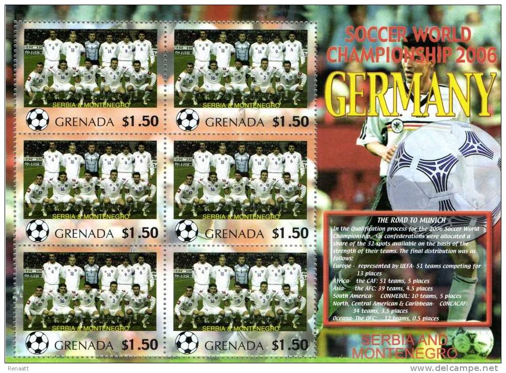 Grenada 2006 Block Sheetlet Of 6 MNH, Team Serbia &amp; Montenegro, Soccer World Championship Germany - 2006 – Deutschland