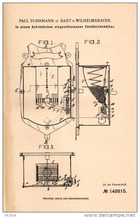 Original Patentschrift - P. Fuhrmann In Bant B. Wilhelmshaven , 1903 , Schrank Für Zündholz - Behälter , Streichhölzer ! - Zündholzschachteln