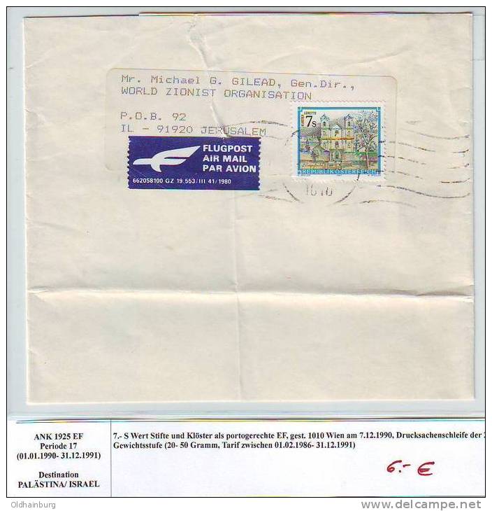 1014z4: Post An Die World Zionist Organisation, Drucksachenschleife Airmail - Judaisme