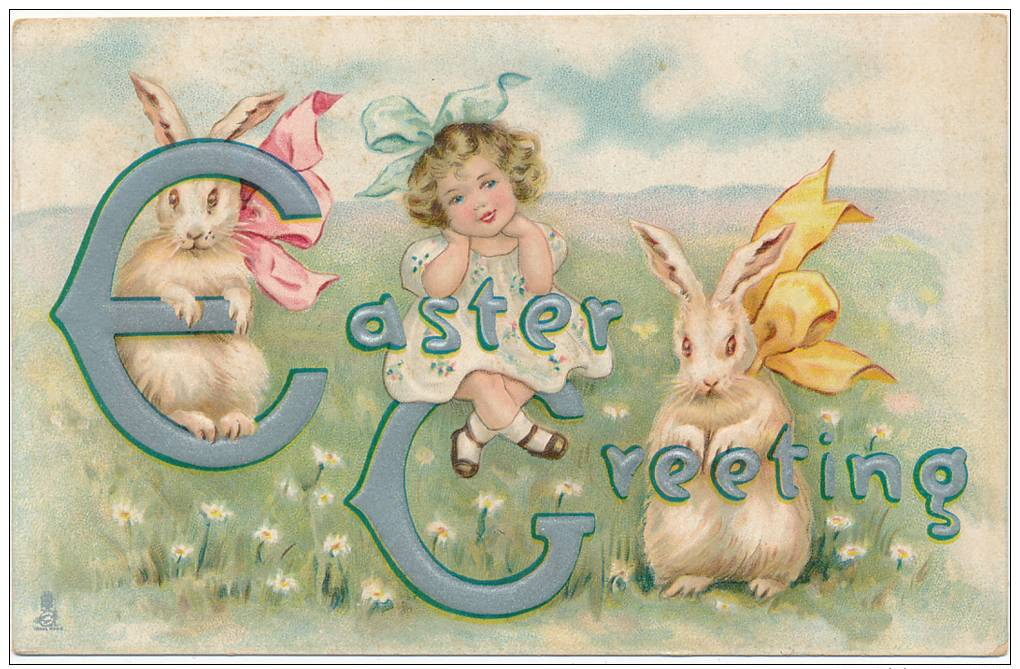 Easter Greeting - Pretty Little Girl, Bunny Rabbits With Ribbons -  Tuck, EASTER FROLIC  Series, No. 755, Sent 1913 - Pâques