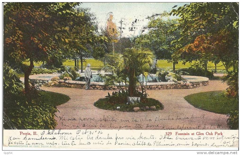 Peoria, IL,   Fountain At Glen Oak Park  Post Card 1906 - Peoria