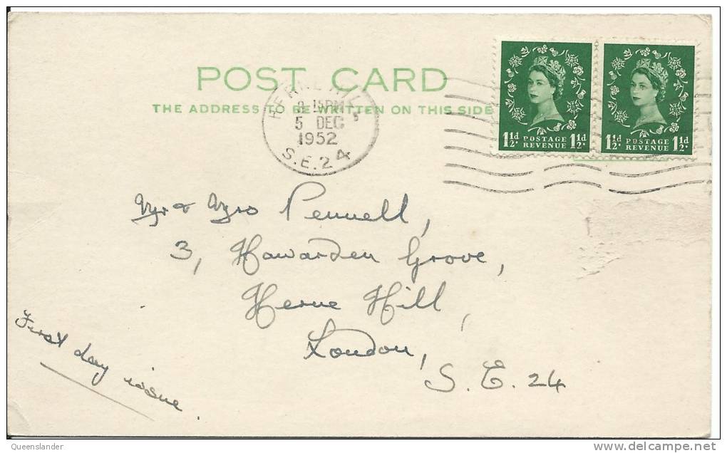 FDC 2 X 1 1/2d Green 1952 On Postcard FDI Herne Hill S.E.24 3.15 Pm 5 Dec 1952  Neatly Addressed - 1952-71 Ediciones Pre-Decimales