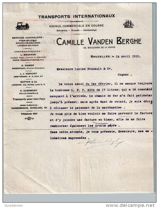 Entête  14/04/1910  -  BRUXELLES  -  Camille  VANDEN  BERGHE  -  Transports  Internationaux  - Train, Bateau - 1900 – 1949