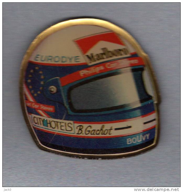 Pin´s  Automobiles, F1, Rallye,casque  B. CACHOT  Avec  MARLBORO, BOUVY, EURODYE, CITY HOTELS - F1