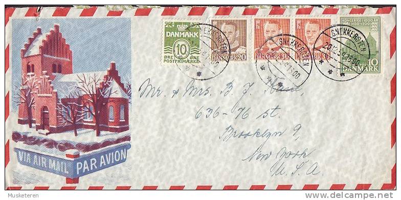 ## Denmark Airmail Par Avion Church Cachet SNEKKERSTEN 1954 Cover Brief NEW YORK United States Christmas Seal (2 Scans) - Poste Aérienne