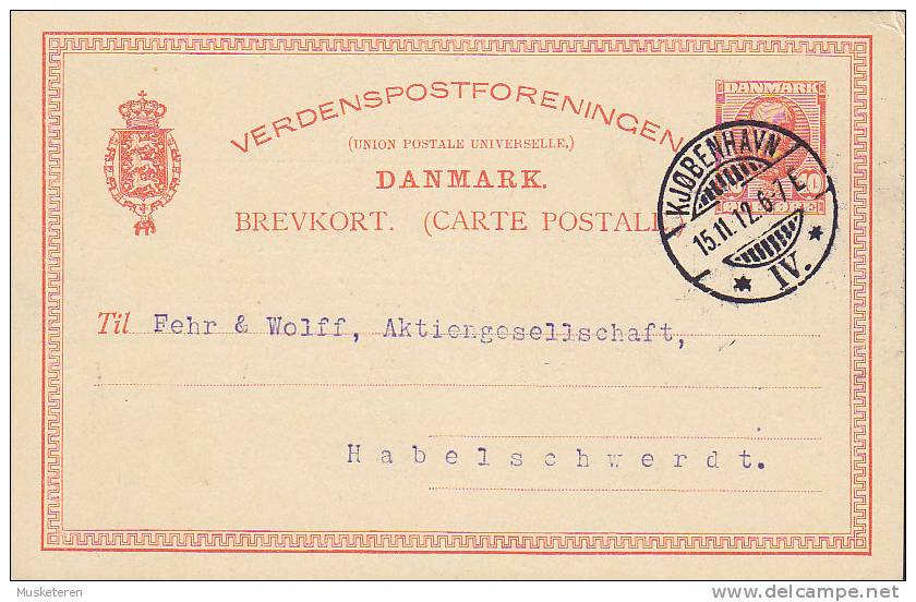 Denmark Postal Stationery Ganzsache Entier Brevkort KØBENHAVN IV. 1912 To HABELSCHWERDT Schlesien Ostpreussen (2 Scans) - Postwaardestukken