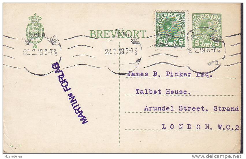 ## Denmark MARTINS FORLAG Postal Stationery Ganzsache Entier Brevkort KØBENHAVN 1919 To LONDON England (2 Scans) - Postal Stationery