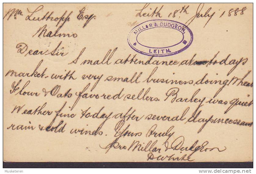 ## Great Britain Postal Stationery Ganzsache Entier 1 P Victoria LEITH ´221´ Scotland 1888 To MALMÖ Sweden (2 Scans) - Stamped Stationery, Airletters & Aerogrammes