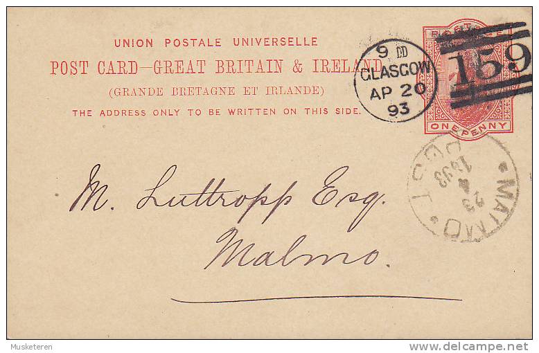 ## Great Britain Postal Stationery Ganzsache Entier 1 P Victoria GLASGOW ´159´ Scotland 1893 To MALMÖ Sweden (2 Scans) - Stamped Stationery, Airletters & Aerogrammes