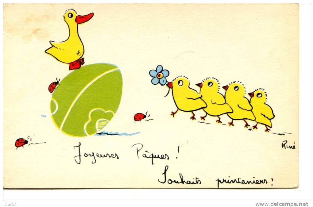 Illustrateur RENÉ - Joyeuses Pâques, Souhaits Printaniers - Poussin, Caneton, Coccinelle - Pâques