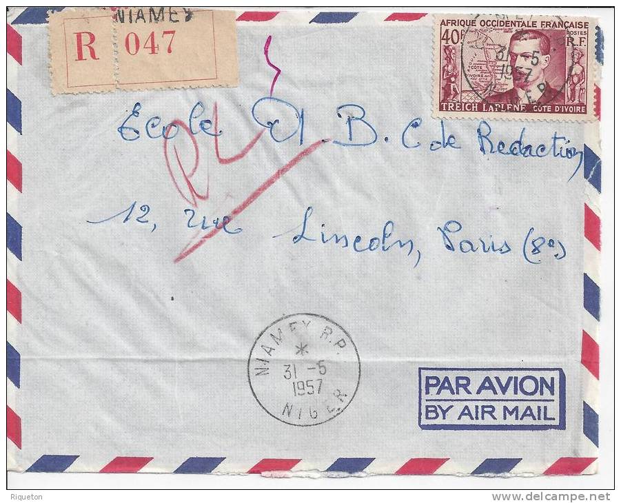 NIGER-  1957  -  LETTRE DE NIAMEY , EN RECOMMANDE , A DESTINATION DE PARIS - - Cartas & Documentos