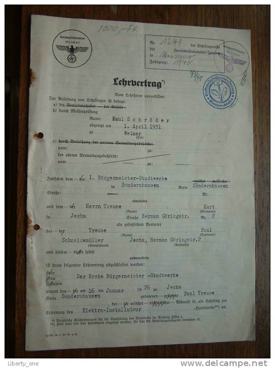 LEHRVERTRAG / Treuse Kurt Und Paul / Für Sondershausen Paul Schröder - 1940 (zie Foto´s Voor Details) ! - Documents