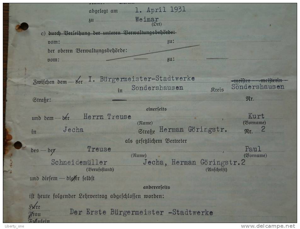 LEHRVERTRAG / Treuse Kurt und Paul / Für Sondershausen Paul Schröder - 1940 (zie foto´s voor details) !