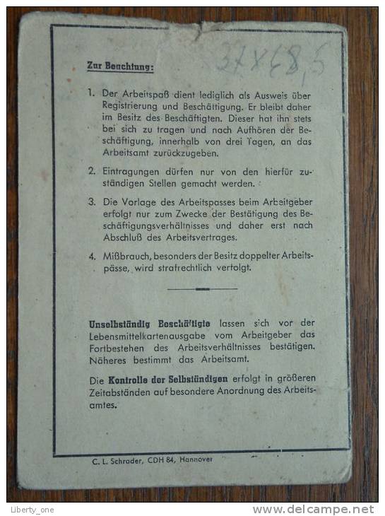 ARBEITS - PASS ( Bunjes Karl 9 August 1905 Ohmstede / Zie Foto´s Voor Details) ! - Documenti