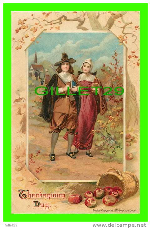 THANKSGIVING DAY - COUPLE, APPLES - DESIGN, 1910 BY A VON BEUST - SERIES No 131 - WRITTEN - EMBOSSED - - Thanksgiving