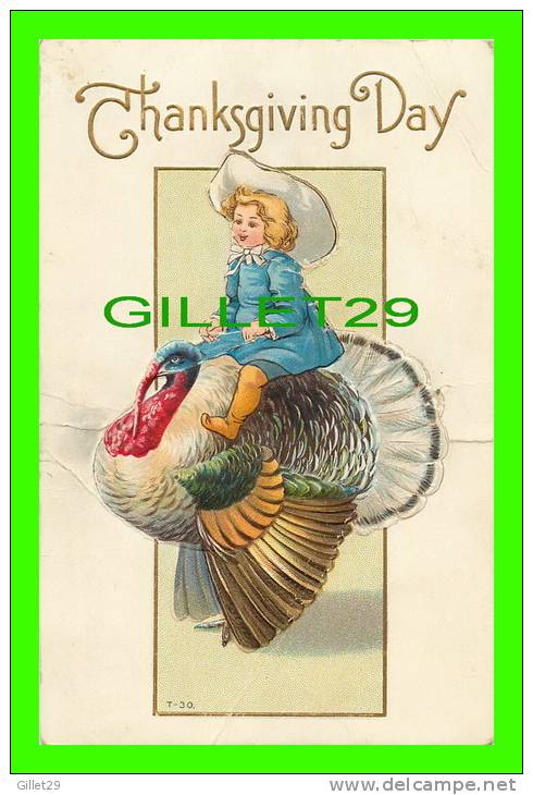 THANKSGIVING  DAY - A KID ON A TURKEY - PUZZLE CARD - EMBOSSED - TRAVEL IN 1915 - - Thanksgiving