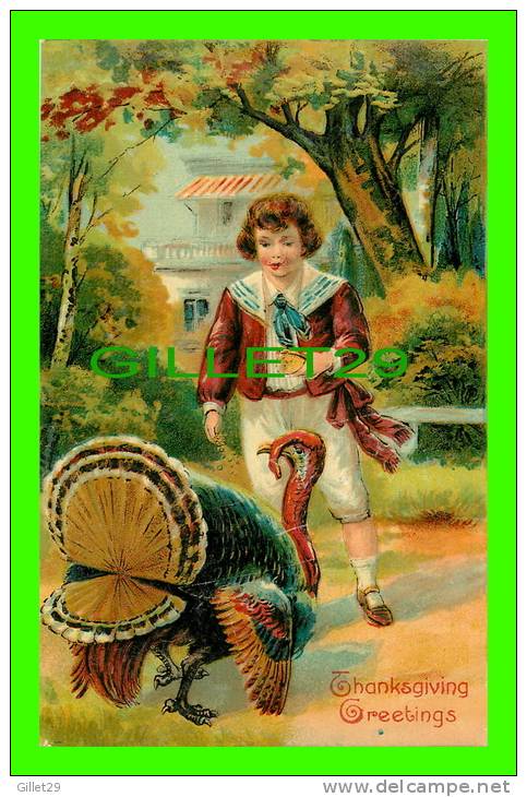 THANKSGIVING  GREETINGS - TURKEY  WITH A BOY & CORNS - No 730 - WRITTEN 1909 - - Thanksgiving