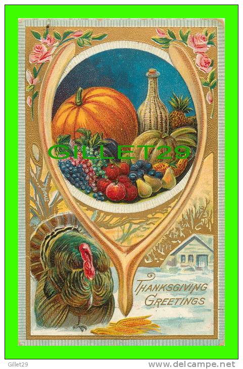 THANKSGIVING GREETINGS - TURKEY & FRUITS - WRITTEN - EMBOSSED - P. C. 226 - - Thanksgiving