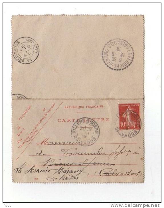 Entier Postal De 1909, Carte Lettre Affranchie à 0.10,  Cachet A2, Et B4 Tireté, Bureau De DistributioCalvados (14) - Kaartbrieven