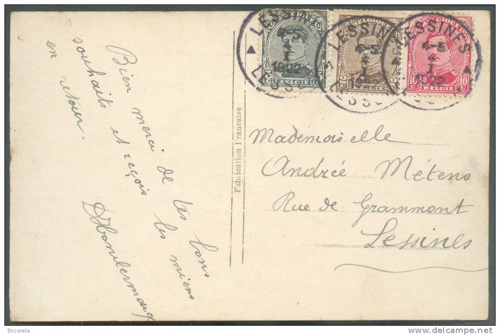 TB Carte Avec Affranchissement Tricolore Emission 1915 à 15 Centimes Obl. Sc LESSINES Le 4-I-1922 Vers La Ville - 8246 - 1915-1920 Albert I