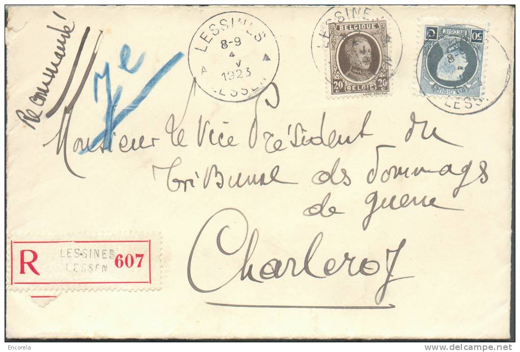 Affr. Houyoux/montenez à 70c. Obl. Sc LESSINES LESSEN S/L. Recommandée Du 4-V-1923 Vers Charleroi - 8248 - 1922-1927 Houyoux