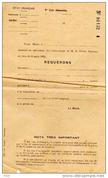 Carte D' Alimentation - Imprimé Vierge D' Une Mairie - Requérons.... - Documents Historiques