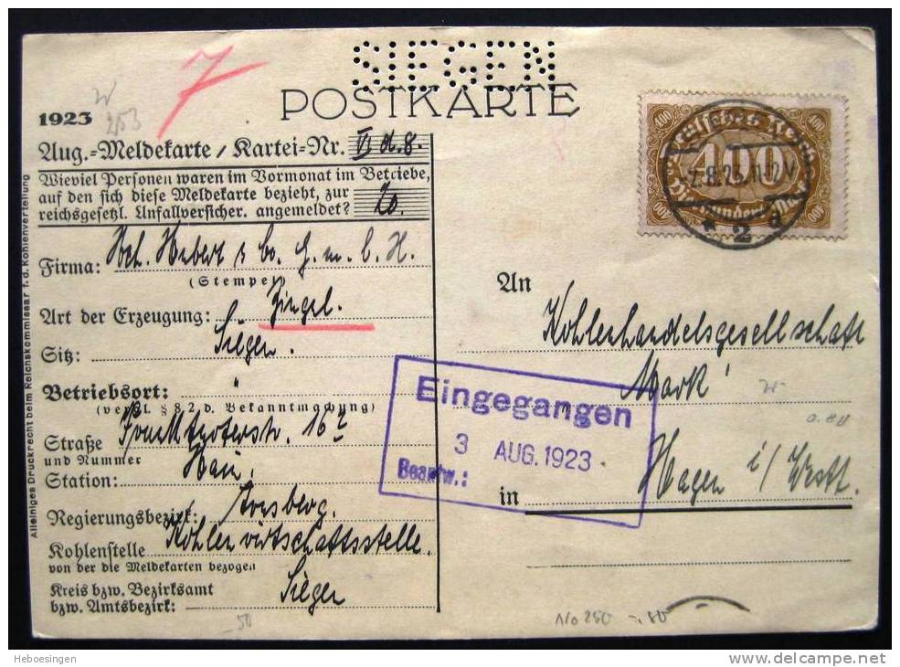 Nr. 250 Als Einzelfrankatur Auf Karte Mit Vollstempel Siegen - Briefe U. Dokumente