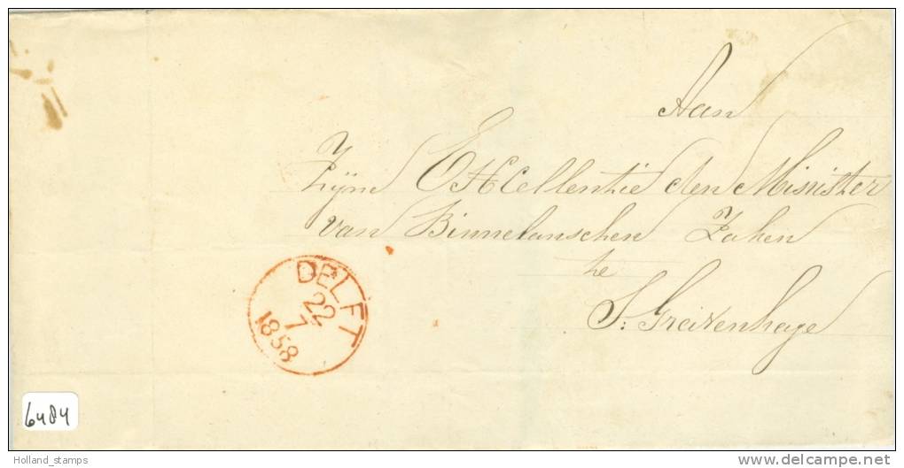 VOORLOPER * BRIEFOMSLAG * Uit 1858 Uit DELFT Aan De MINISTER Van BINNENLANDSE ZAKEN Naar 's-GRAVENHAGE (6484) - Storia Postale