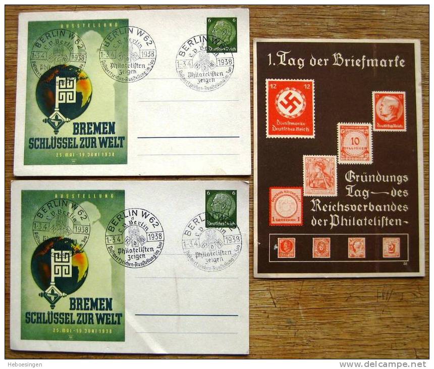 3 Ganzsachen Bremen Schlüssel Zur Welt + Sonderkarte Tag Der Briefmarke 1936 Gelaufen - Sonstige & Ohne Zuordnung