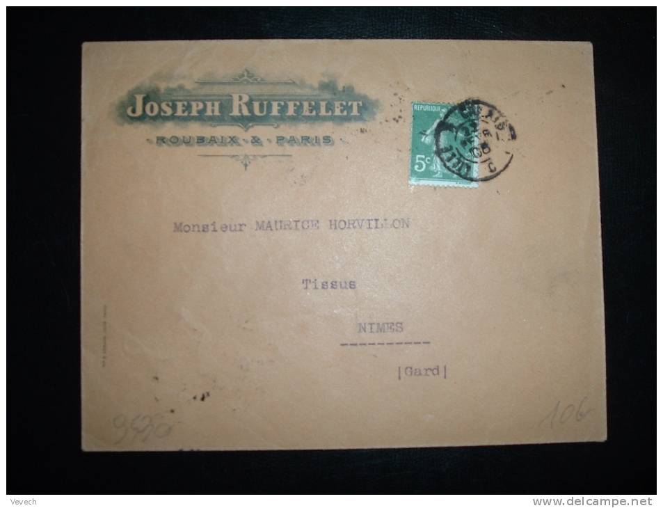 LETTRE TP SEMEUSE 5 C OBL. 22 FEVR 08 LILLE A CALAIS C + ENTETE JOSEPH RUFFELET ROUBAIX & PARIS - 1877-1920: Période Semi Moderne